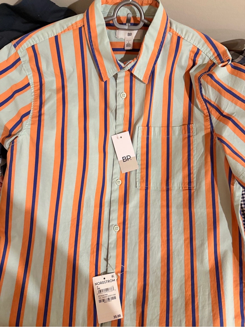 Nordstrom BP Mint Green Button-Down with Orange & Blue Stripes